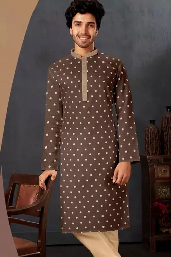 Men's poly jaquard straight brown kurta set