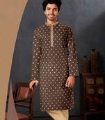 Men's poly jaquard straight brown kurta set