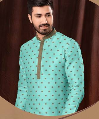 Men's poly jaquard straight sea green kurta set 2