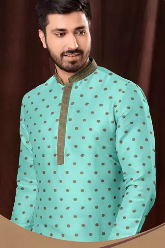Men's poly jaquard straight sea green kurta set