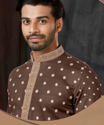 Men's poly jaquard straight brown kurta set 2