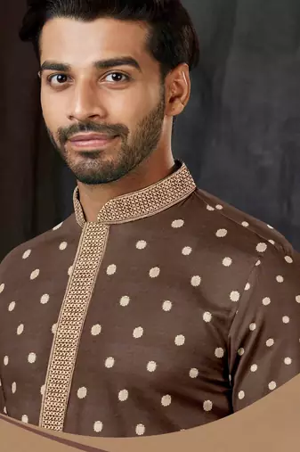 Men's poly jaquard straight brown kurta set