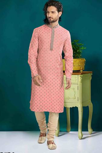 Men's poly jacquard straight peach kurta set