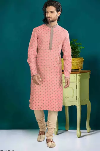 Men's poly jacquard straight peach kurta set