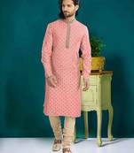 Men's poly jacquard straight peach kurta set