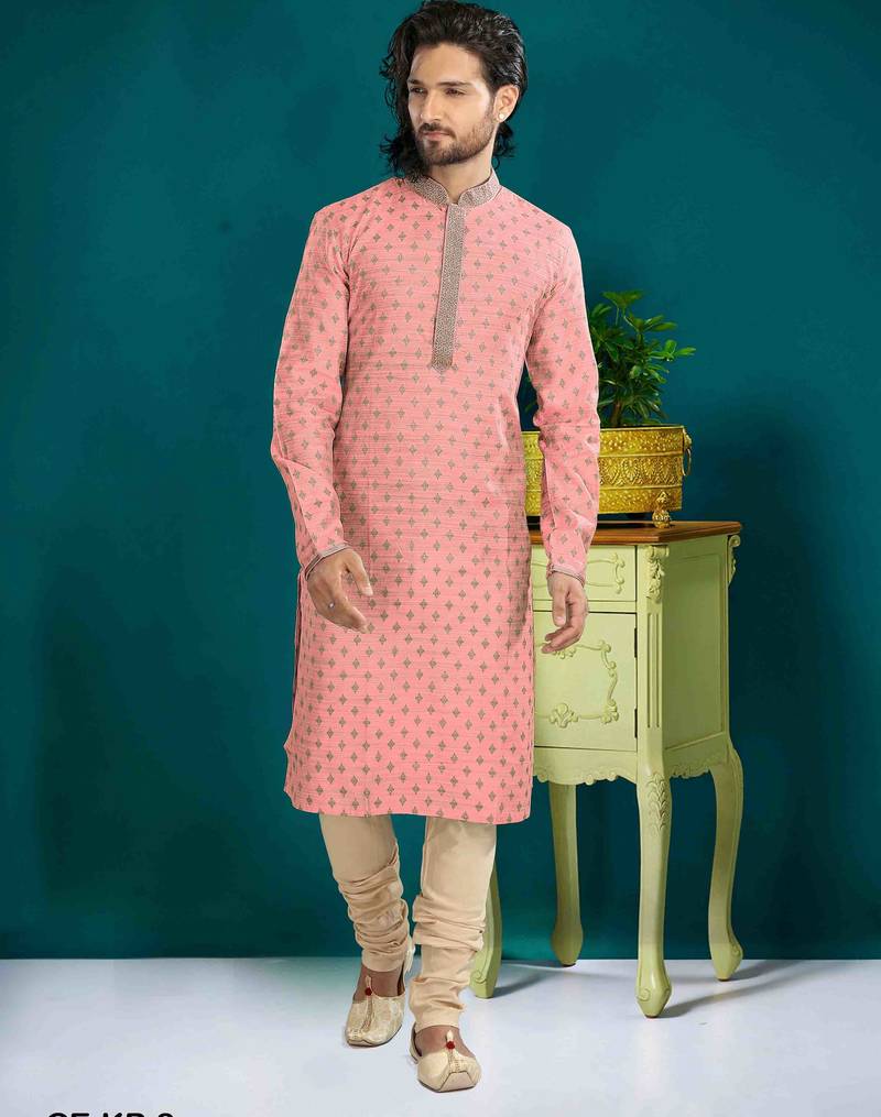 Men's poly jacquard straight peach kurta set