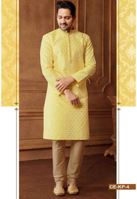 Men's poly jacquard straight light yellow kurta set 1