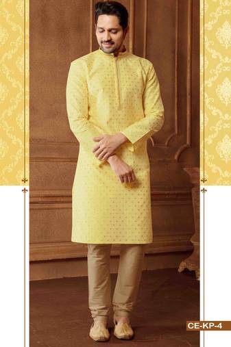 Men's poly jacquard straight light yellow kurta set