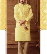 Men's poly jacquard straight light yellow kurta set