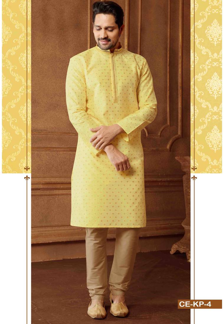 Men's poly jacquard straight light yellow kurta set