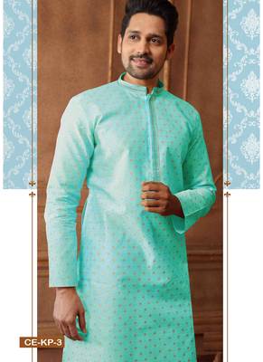 Men's poly jacquard straight sea green kurta set 1