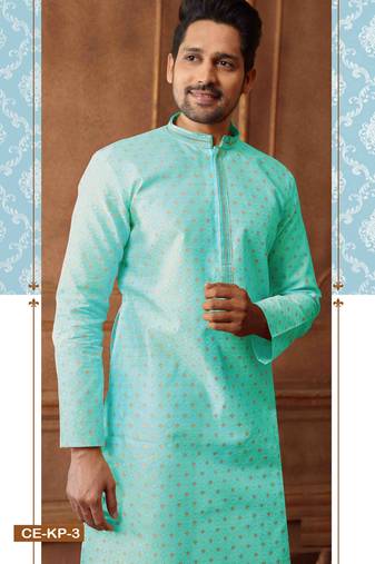 Men's poly jacquard straight sea green kurta set