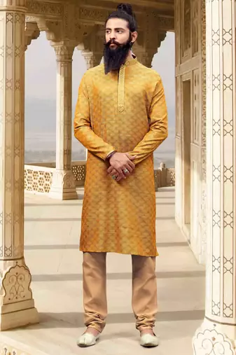 Men's poly jacquard straight musturd kurta set