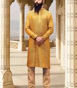 Men's poly jacquard straight musturd kurta set