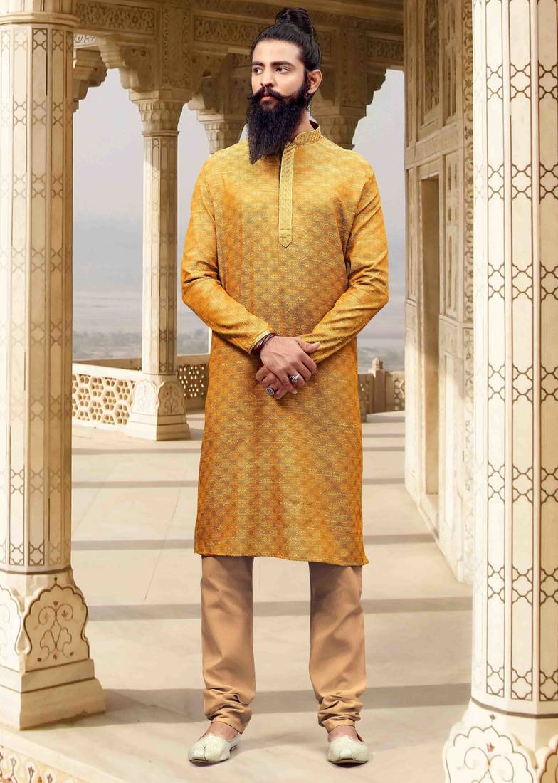Men's poly jacquard straight musturd kurta set