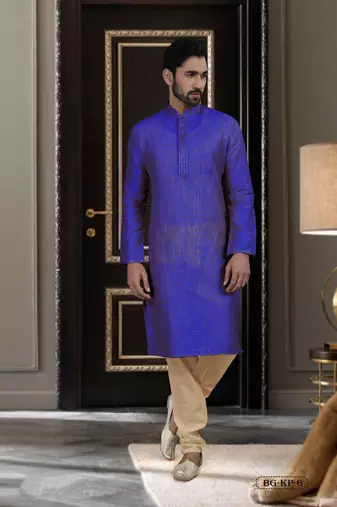 Men's self jacquard straight blue kurta set