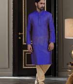 Men's self jacquard straight blue kurta set