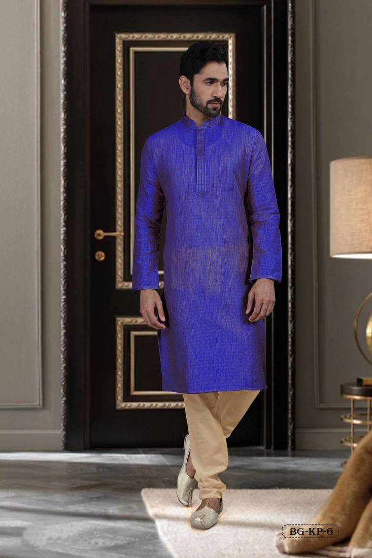 Men's self jacquard straight blue kurta set