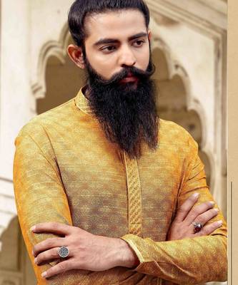 Men's poly jacquard straight musturd kurta set 2