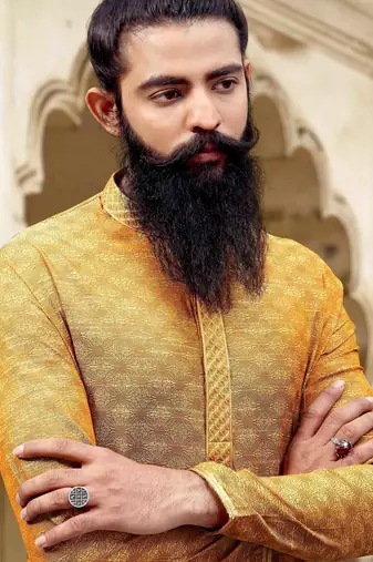 Men's poly jacquard straight musturd kurta set