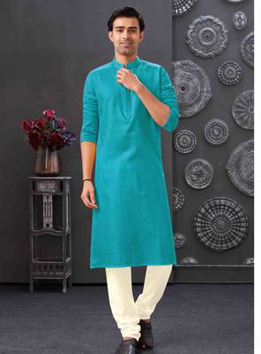 Men's poly cotton straight firozi kurta set 1