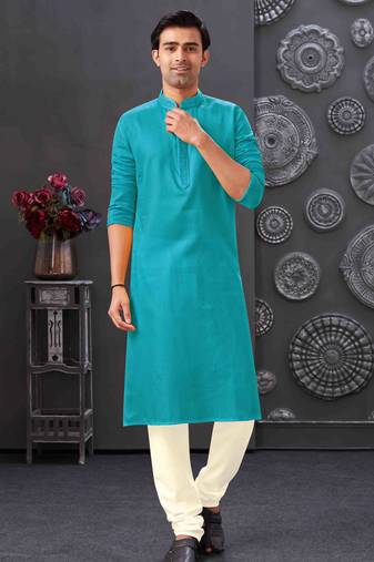 Men's poly cotton straight firozi kurta set
