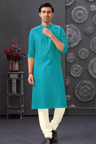 Men's poly cotton straight firozi kurta set