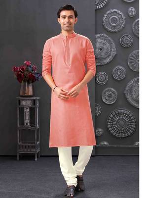 Men's poly cotton straight peach kurta set 1