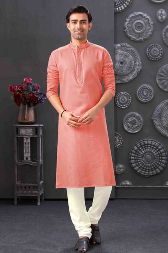 Men's poly cotton straight peach kurta set