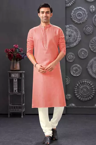 Men's poly cotton straight peach kurta set