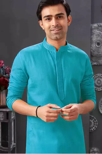 Men's poly cotton straight firozi kurta set