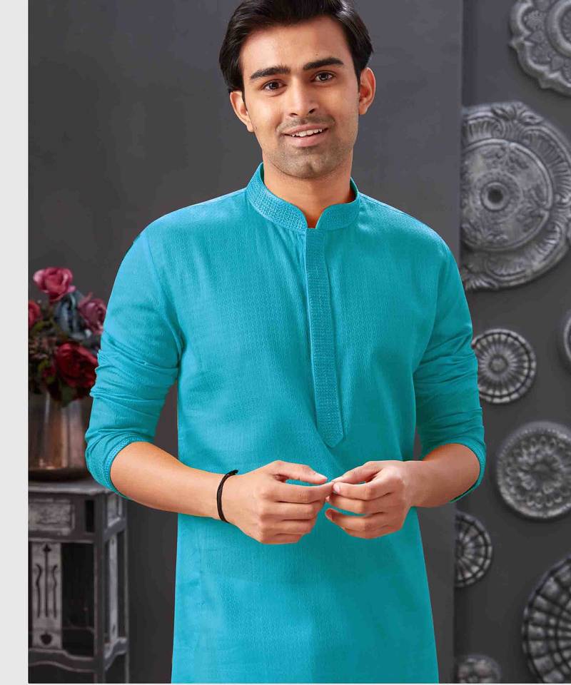 Men's poly cotton straight firozi kurta set