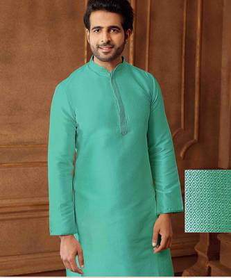 Men's poly jaquard straight sea green kurta set 1