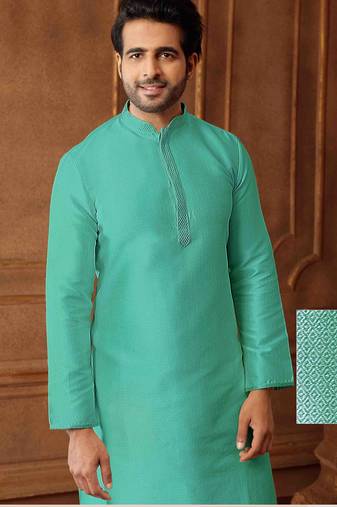 Men's poly jaquard straight sea green kurta set