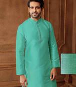 Men's poly jaquard straight sea green kurta set