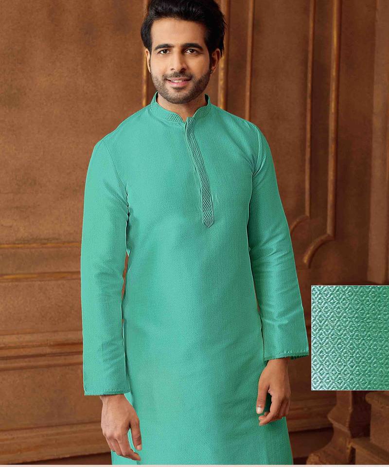 Men's poly jaquard straight sea green kurta set