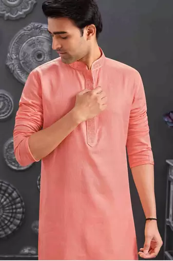 Men's poly cotton straight peach kurta set