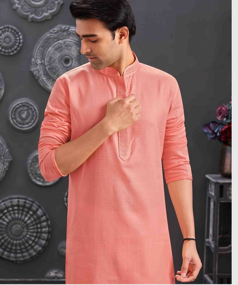 Men's poly cotton straight peach kurta set