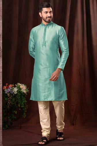 Men's self jacquard straight c green kurta set