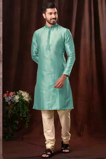 Men's self jacquard straight c green kurta set