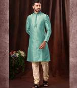 Men's self jacquard straight c green kurta set