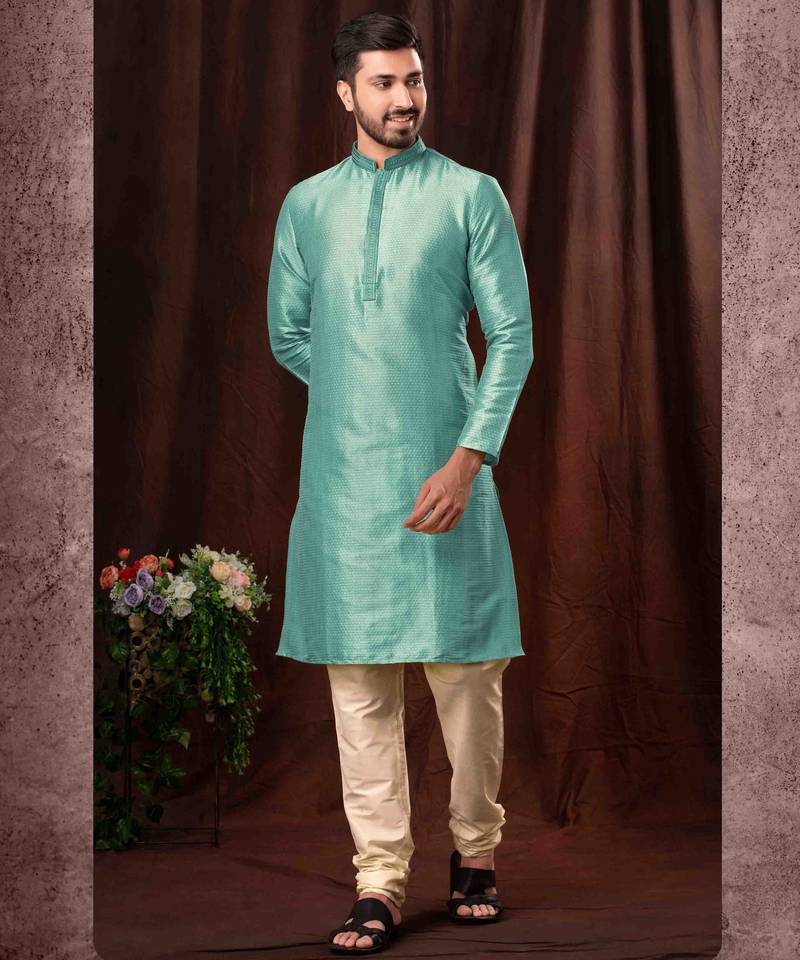 Men's self jacquard straight c green kurta set
