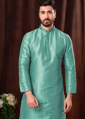 Men's self jacquard straight c green kurta set 2