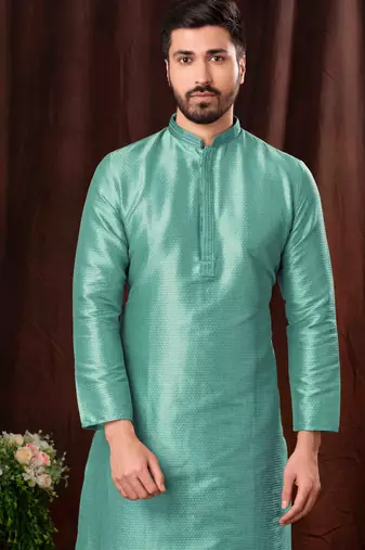 Men's self jacquard straight c green kurta set
