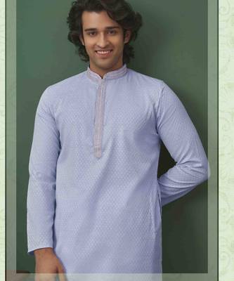 Men's self jacquard straight light purple kurta set 1