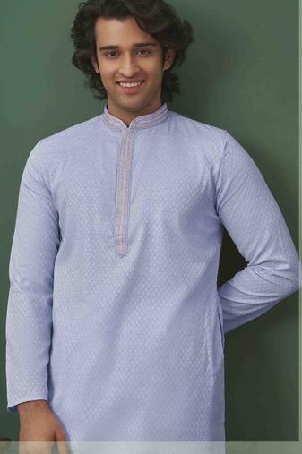 Men's self jacquard straight light purple kurta set