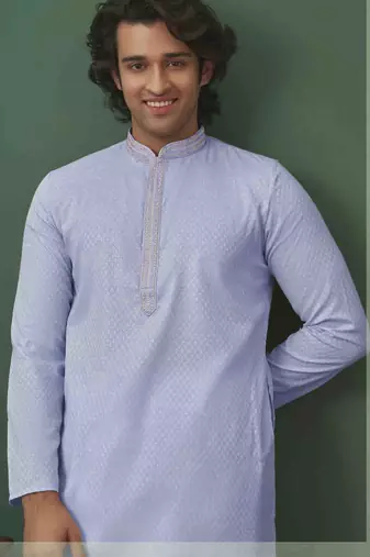 Men's self jacquard straight light purple kurta set