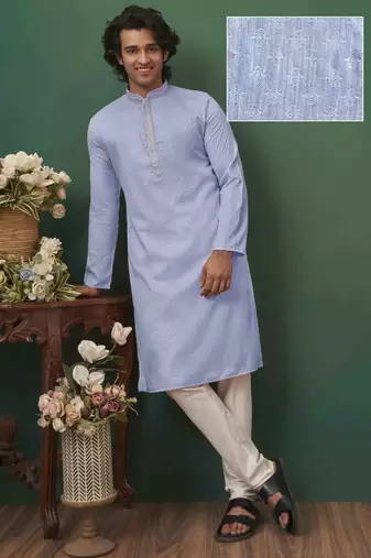 Men's self jacquard straight light purple kurta set