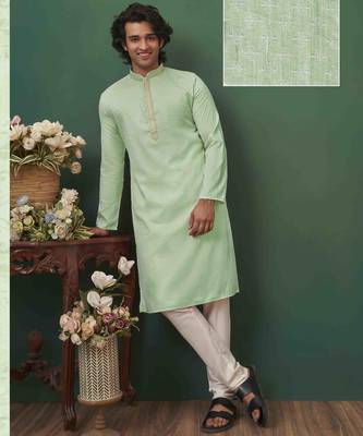 Men's self jacquard straight c green kurta set 1