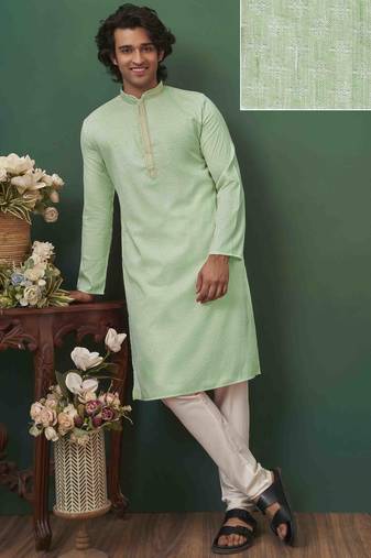 Men's self jacquard straight c green kurta set